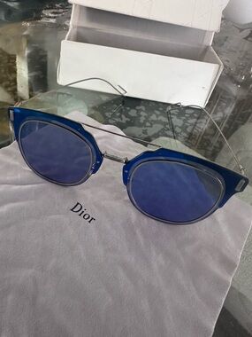 Dior Round Blue Frame Sunglasses with Silver Temples